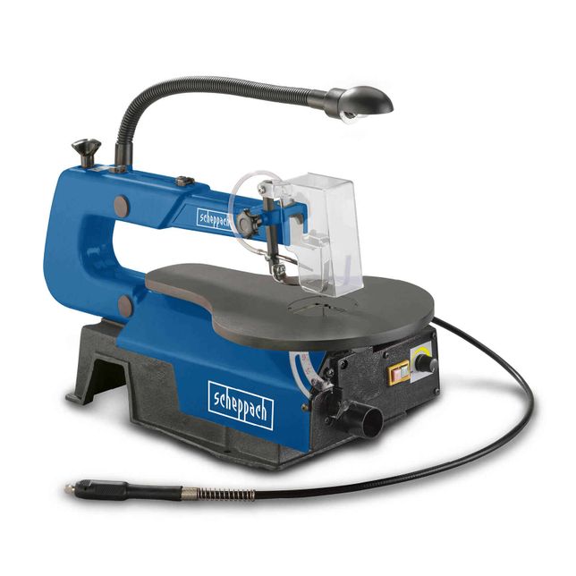 Scheppach scroll saw with clear protective cover and flexible lighting. Perfect for precise cuts.